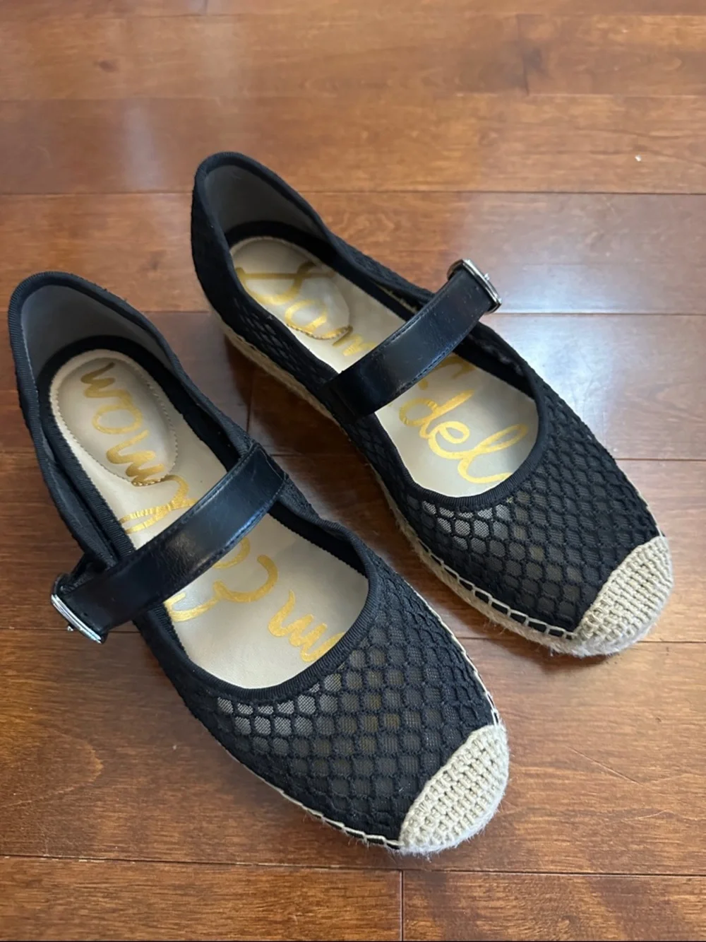 Sam Edelman Black Mesh Mary Jane Espadrille Flats with Natural Jute Trim